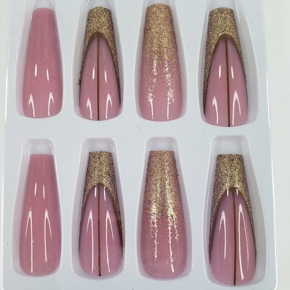 Pink Gold Glitter Design False Nails Press On 25 Pc Set Long Coffin Shape w Glue